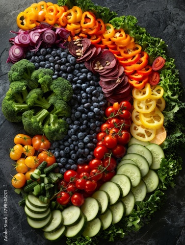 A creative composition of various colorful vegetables arranged in a spiral pattern.