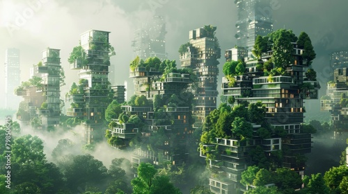 Splendid environmental awareness city with vertical forest concept of metropolis covered with green plants. Civil architecture and natural biological life combination. Digital art generative AI