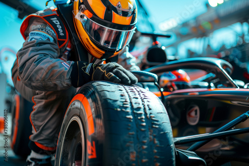 mechanic changing tires, racing car 