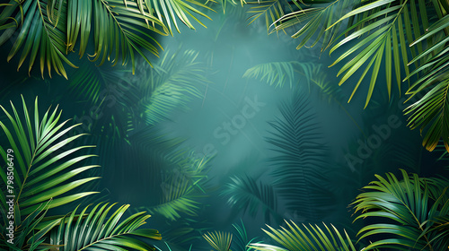 Tropical palm leaves frame a dark green background with copy space for your design  a 3D rendering  a detailed illustration  a high resolution  professional photograph.