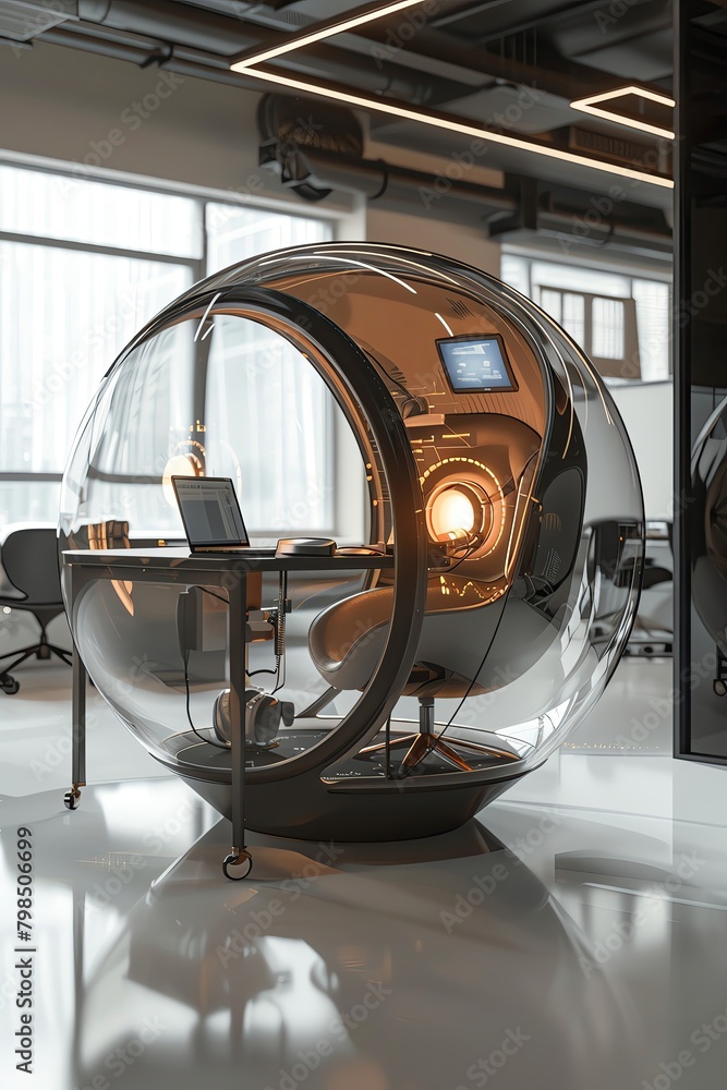 Futuristic bubble pod for individual workspace, equipped with high tech communication tools Futuristic bubble pod for individual workspace, equipped with high tech communication tools