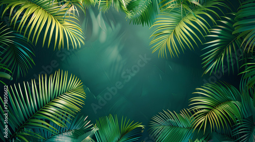 Tropical palm leaves frame a dark green background with copy space for your design  a 3D rendering  a detailed illustration  a high resolution  professional photograph.