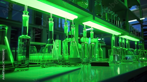 Neon green bio lab  where scientists work under vivid lights enhancing visual experiments