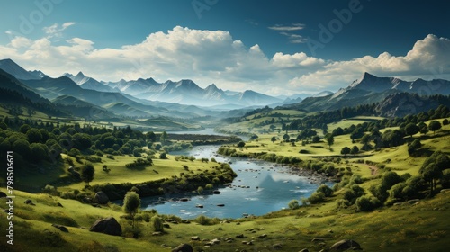 Fantasy landscape with mountain river and valley.