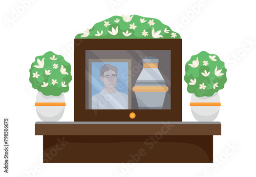 Mortuary urn and photo of dead man on graveyard