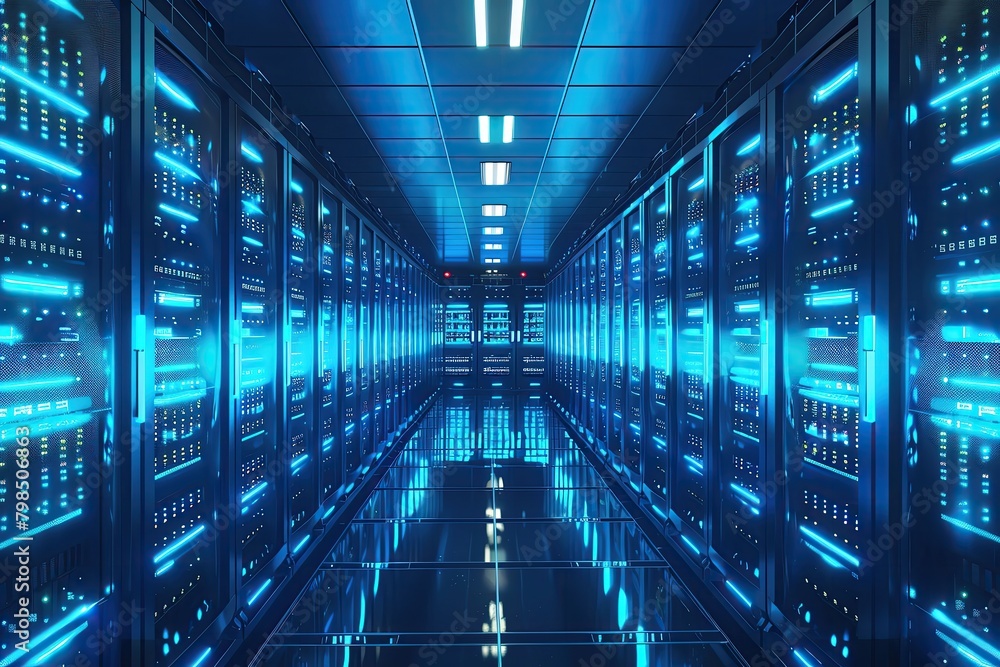 High tech server room with rows of servers emitting blue light, illustrating powerful digital infrastructure
