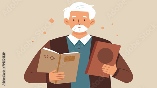 An older man holding a leatherbound journal filled with handwritten accounts and stories of his experiences and those of his ancestors.. Vector illustration
