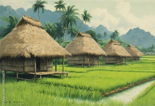 'Huts plants conical rice ripe roofs straw surrounded green'