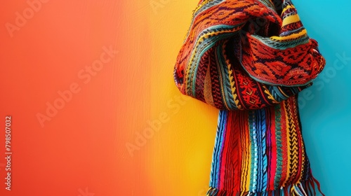 Vibrant Mexican rebozo set against a colorful backdrop with plenty of copy space photo