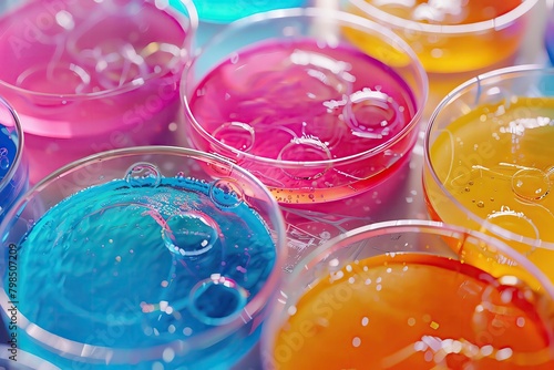 Close up on chemical reactions in petri dishes, vibrant colors showcasing scientific experiments