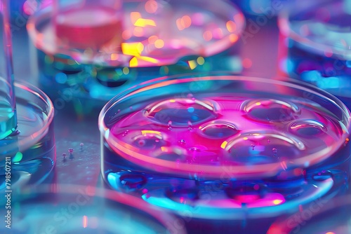 Close up on chemical reactions in petri dishes, vibrant colors showcasing scientific experiments photo