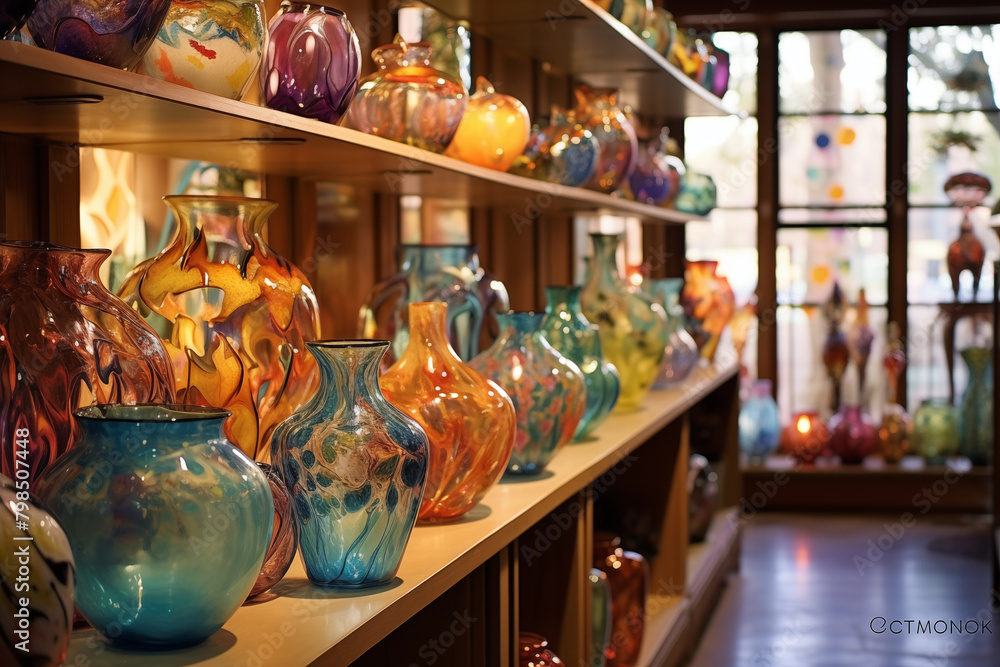 Blown glass vases in a shop on the shelf Blown glass vases in a shop on the shelf
