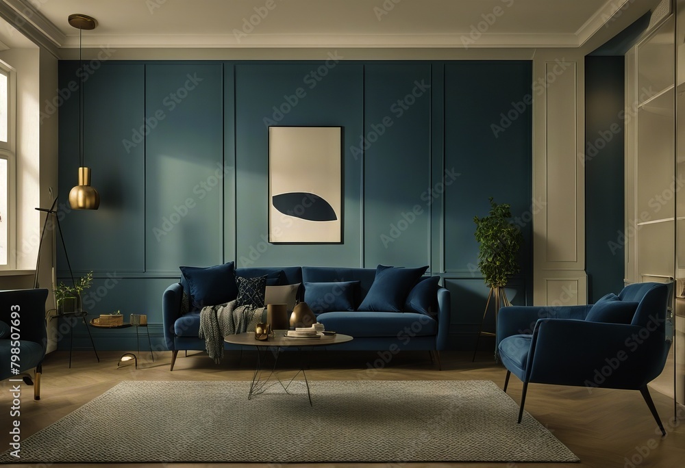 blue blue modern interior living style background Scandinavian | | interior couch wall bright steel royal blue wall accent living room room Mock room living