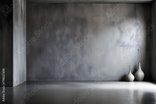 A large empty room with a grey wall and two vases on the floor