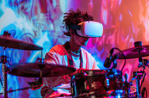 photograph of teenager wearing VR goggles playing virtual drums