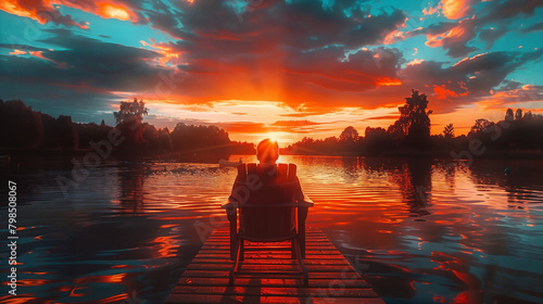 a man sitting in a chair on a dock on a lake watching a beautiful sunset, sunset over the river