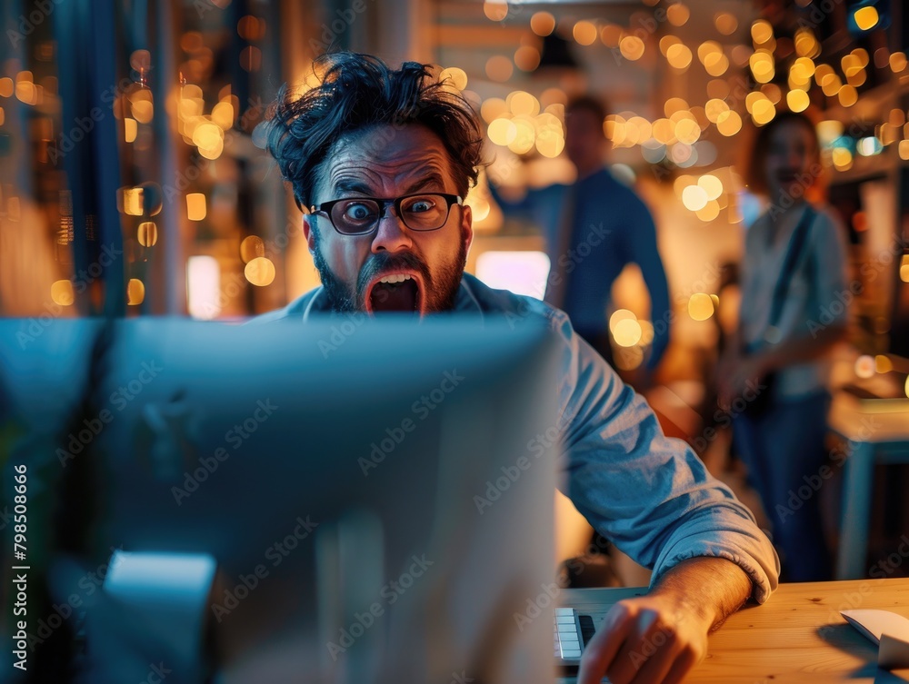 The man shouting at the computer in the office The man shouting at the computer in the office