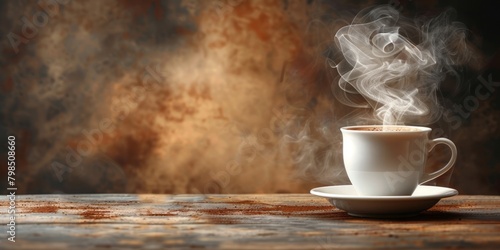 Freshly brewed coffee in a white cup on a wooden table against a dark background.