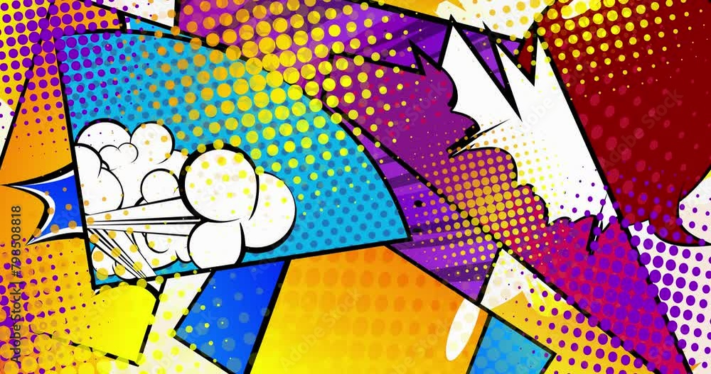 Abstract background animation in pop art, comics style. Retro manga Speech Bubble cartoon backdrop with white. Comic book elements moving. Abstract background animation in pop art, comics style. Retro manga Speech Bubble cartoon backdrop with white. Comic book elements moving.