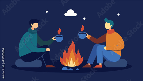 A pair of friends who drifted apart due to busy schedules reconnecting and catching up over steaming cups of hot cider around a glowing firepit.. Vector illustration