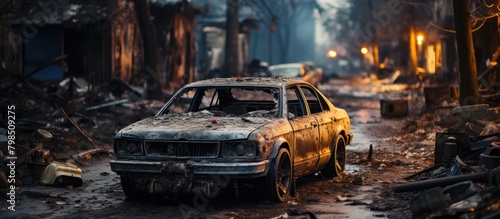 Burned car in the city after a fire. Selective focus.