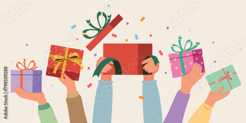 Hands holding gift box, Surprise gift. Birthday celebration greeting design. Open gift box, ribbons and confetti.