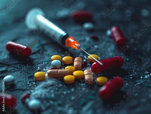 Syringe and drugs, Representing the dangers of drug abuse
