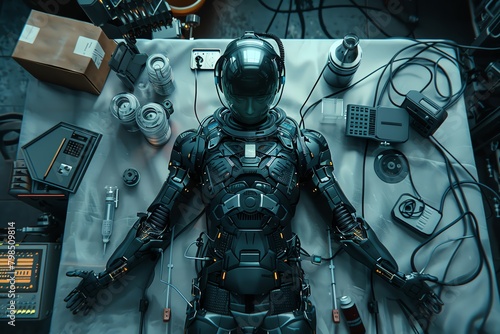 Explore the merger of man and machine in a spine-chilling scene of a person in a bio-mechanical suit standing ominously in a shadowy laboratory Use high-contrast lighting and an overhead shot to empha photo