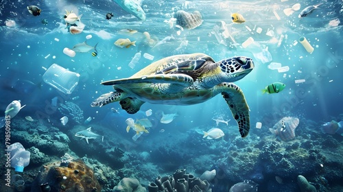 Underwater World in Crisis Marine Creatures Struggling Amidst Plastic Pollution © doraclub