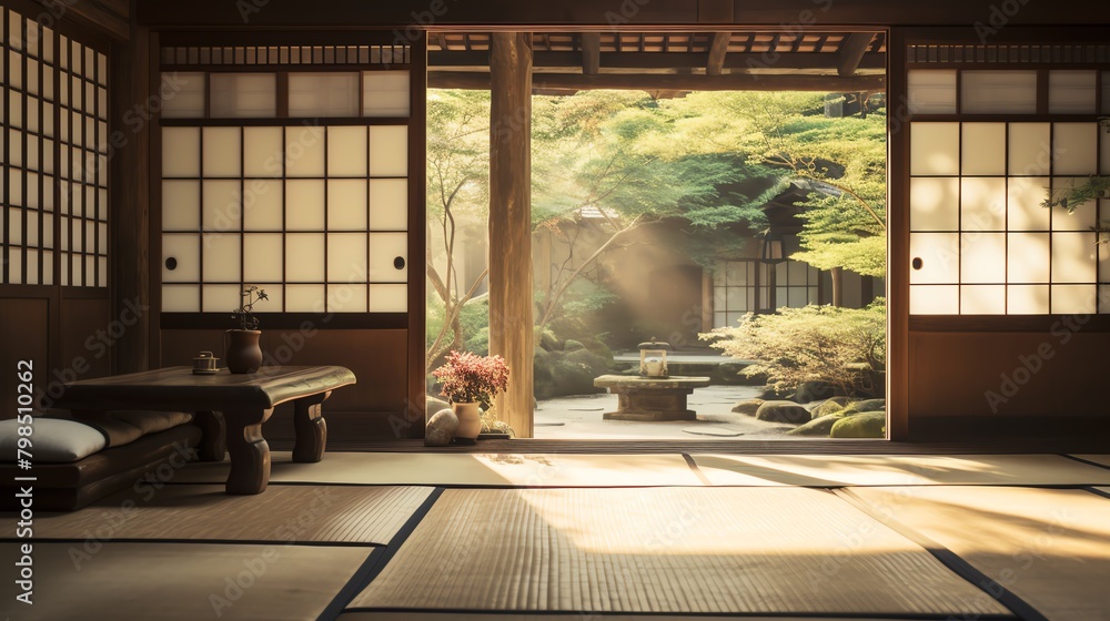 A photo of a traditional Japanese house with a garden. A photo of a traditional Japanese house with a garden.