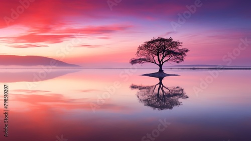 A single tree stands in the middle of a lake at sunset, with a beautiful sky full of vibrant colors. © Ps_Studio21