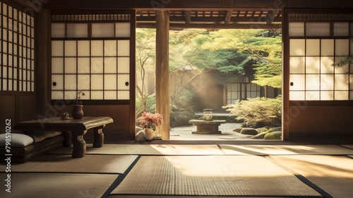 A photo of a traditional Japanese house with a garden. photo