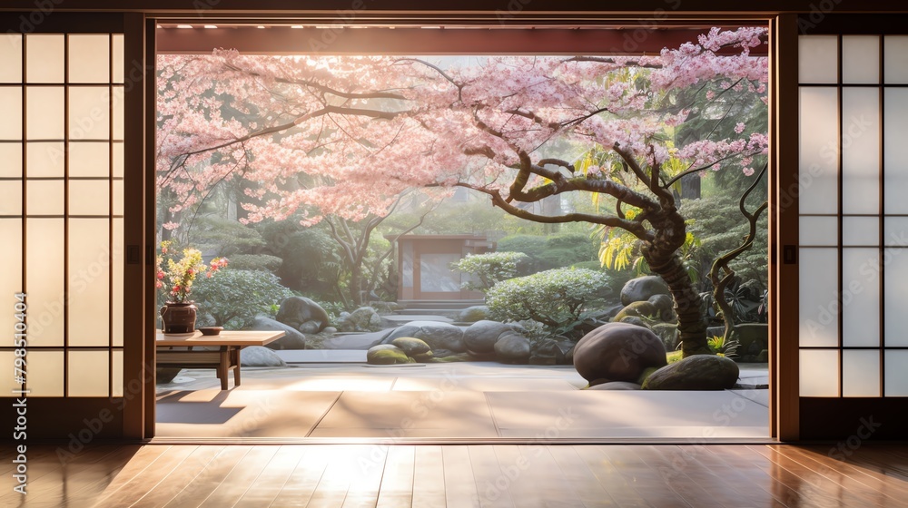 A photo of a beautiful Japanese garden with a cherry blossom tree in the center