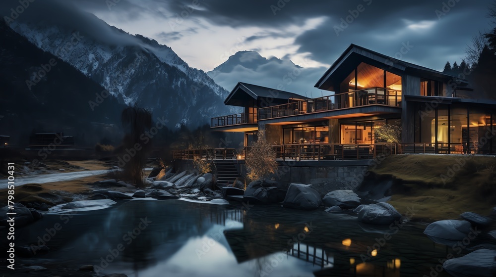 Fototapeta premium A serene twilight scene of a homestay hotel, illuminated from within, standing out against a dark mountain backdrop