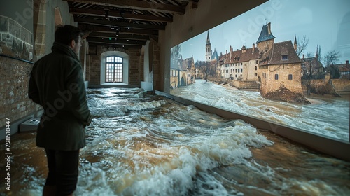 High-Tech Levee System with Sensors and Automatic Gates Protecting Medieval European Town from Rising Sea Levels - Conceptual Illustration