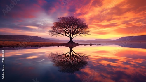 A beautiful sunset over a lake with a tree in the foreground.