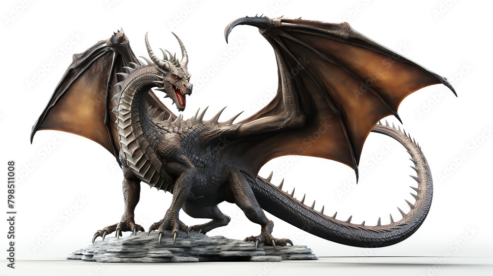 Naklejka premium A digital painting of a black and brown dragon with its wings spread