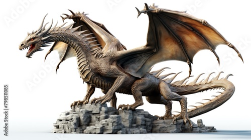 A realistic render of a silver dragon with grey wings © Ps_Studio21
