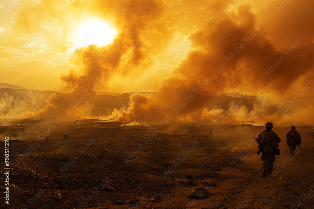 Fototapeta premium soldiers in war zone with fire and smoke in the desert