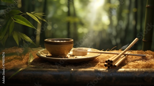 Chinese tea ceremony in the bamboo forest with chopsticks and teapot photo