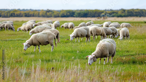 On a wide grassland  a flock of white sheep are grazing leisurely