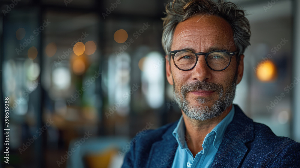 Friendly male businessman in casual blue blazer and glasses smiling friendly in modern office space with blurry background Friendly male businessman in casual blue blazer and glasses smiling friendly in modern office space with blurry background