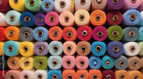 Thread rolls filled in seamless background with colorful cotton threads of all colors, wide perspective wallpaper style, colordull