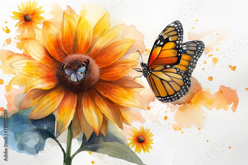 Watercolor Sunflower with the butterfly illustrations on white background. Watercolor hand-painted floral sunflower bouquets for wedding invites, stationary, greetings, wallpapers, and backgrounds.