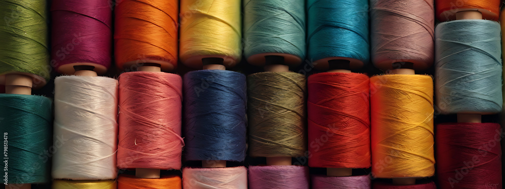 Thread rolls filled in seamless background with colorful cotton threads of all colors, wide perspective wallpaper style, Thread rolls filled in seamless background with colorful cotton threads of all colors, wide perspective wallpaper style,