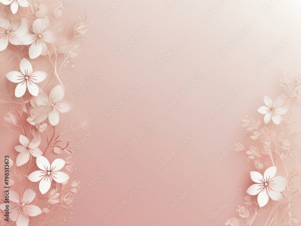 Pastel pink  delicate gradient background with white flowers around the borders, a lot of copy space, template for designs