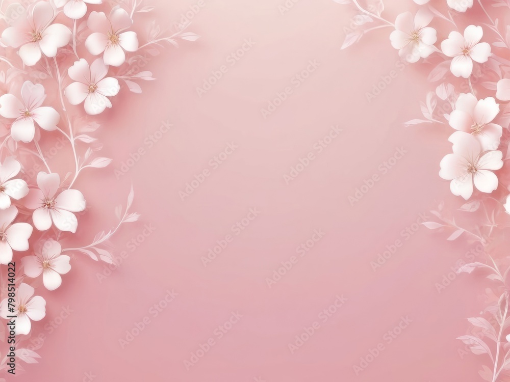 Pastel pink delicate gradient background with white flowers around the borders, a lot of copy space, template for designs Pastel pink delicate gradient background with white flowers around the borders, a lot of copy space, template for designs