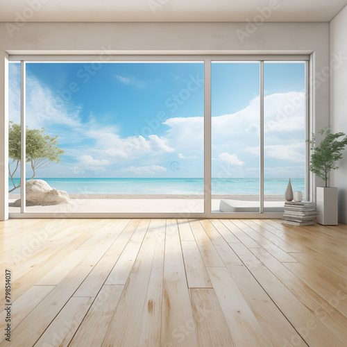 empty room with window and sky  Sea view living room of luxury summer beach house with glass window and wooden floor. Empty white concrete wall background in vacation home or holiday villa stock photo