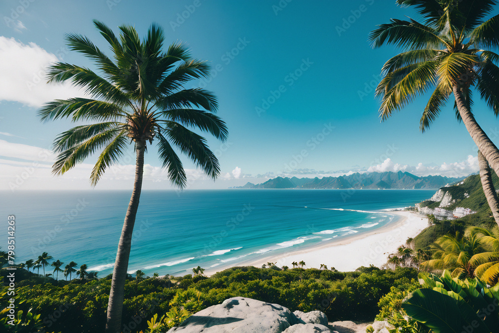 Scenery. Desert. Beautiful landscape with sea, mountains, palm trees. Background, wallpaper for computer, tablet.