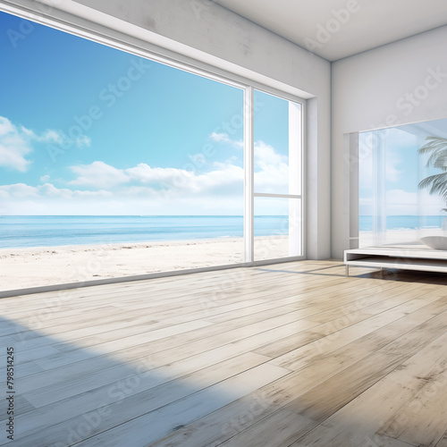 room with a view, Sea view living room of luxury summer beach house with glass window and wooden floor. Empty white concrete wall background in vacation home or holiday villa stock photo